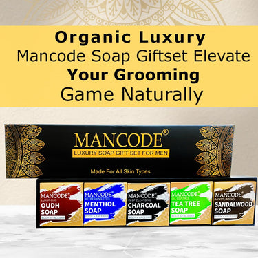 Mancode Luxury Soap Gift Set For Men Pack With 5 unique Soap Bars | Tea Tree, Sandalwood, Oudh, Activated Charcoal & Menthol | Daily Bathing Bar Soap For Men For All Skin Types. (Pack of 5) 625g